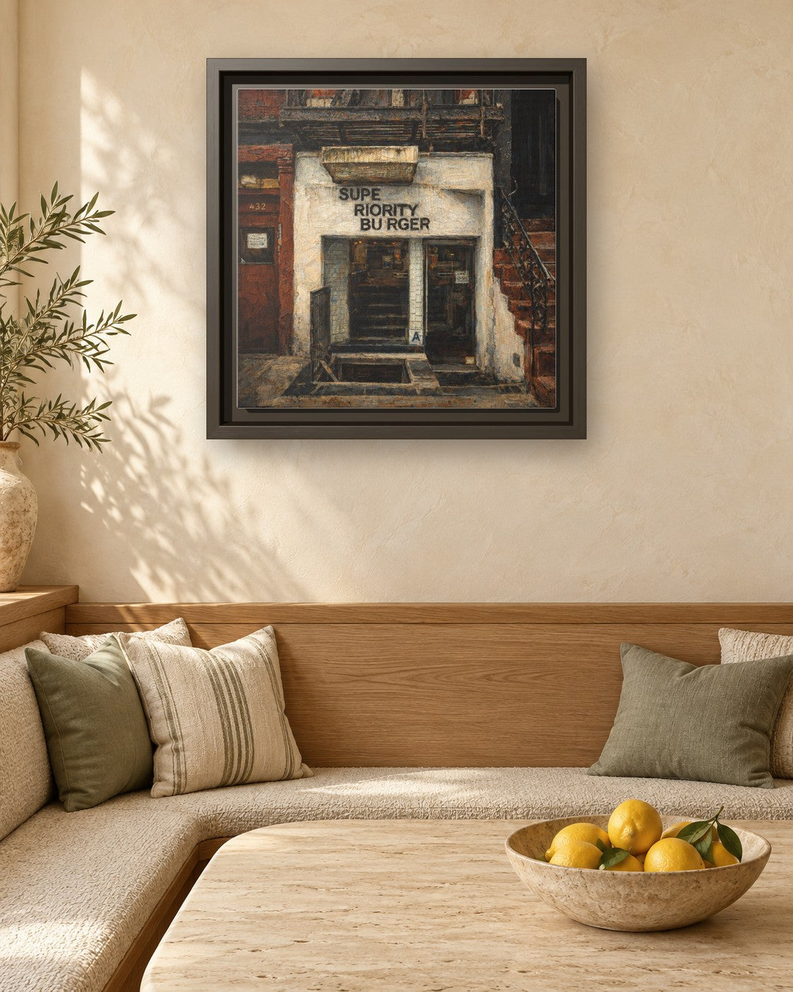 Superiority Burger framed canvas print in a breakfast nook