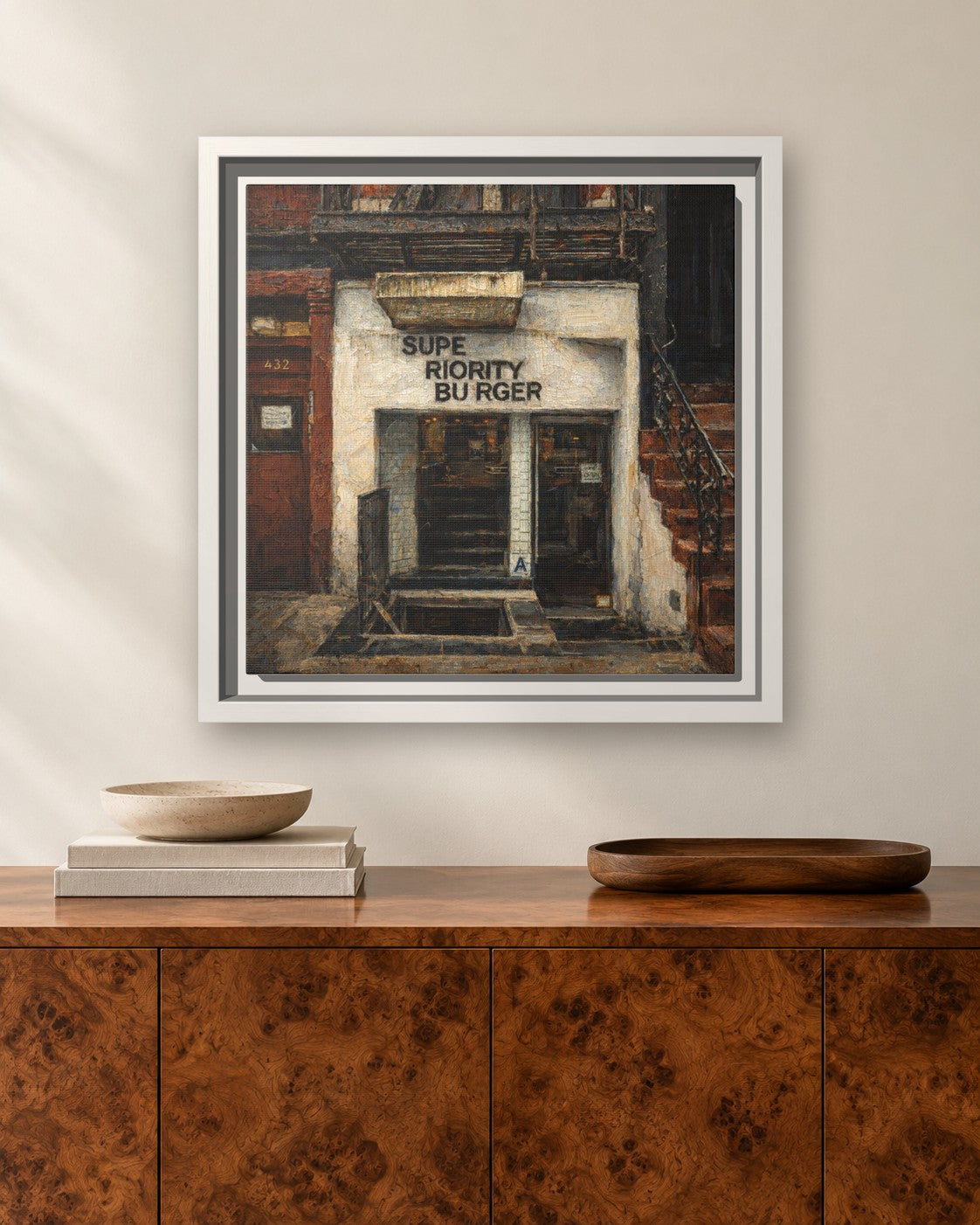 Superiority Burger framed canvas print hanging above a sideboard