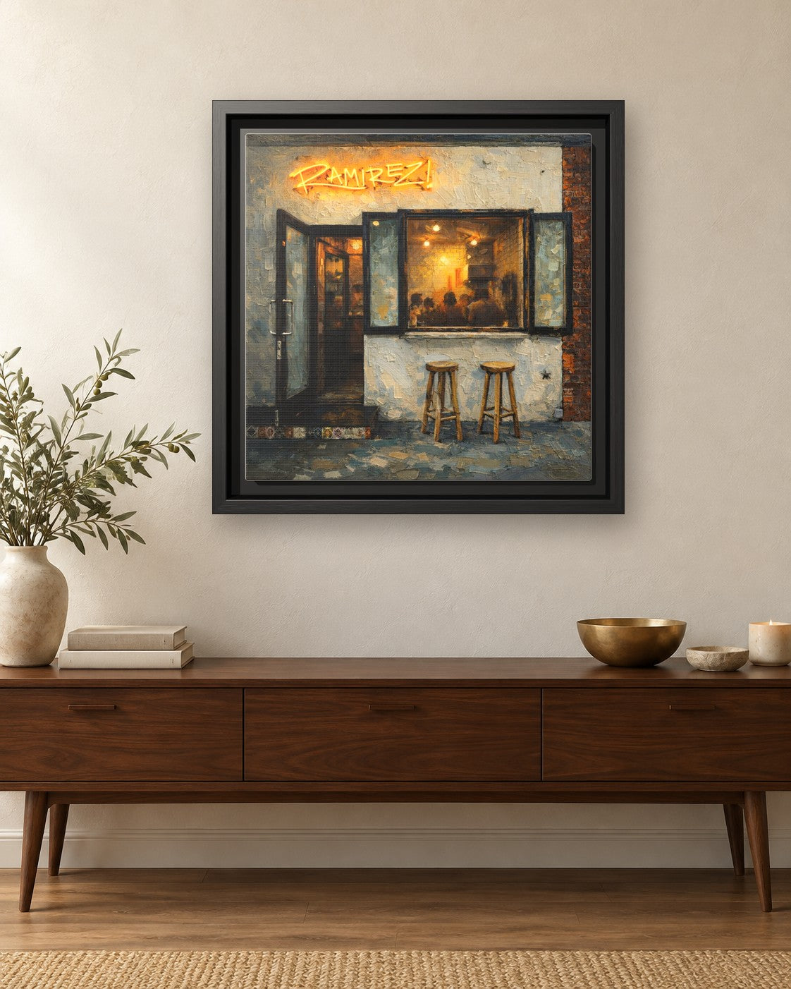 Taqueria Ramirez framed canvas print hanging above a credenza