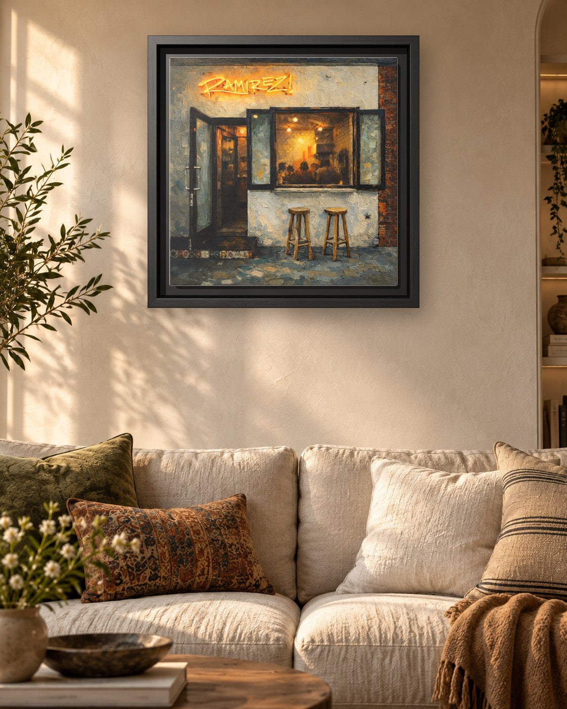Taqueria Ramirez framed canvas print hanging above a sofa