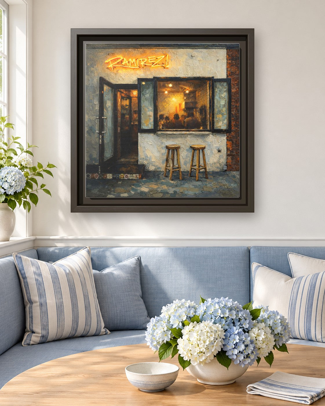 Taqueria Ramirez framed canvas print in a breakfast nook