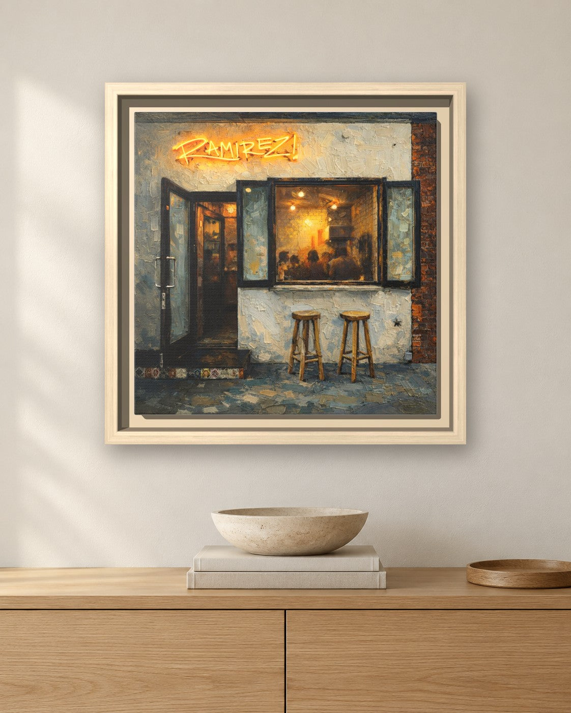 Taqueria Ramirez framed canvas print hanging above a sideboard