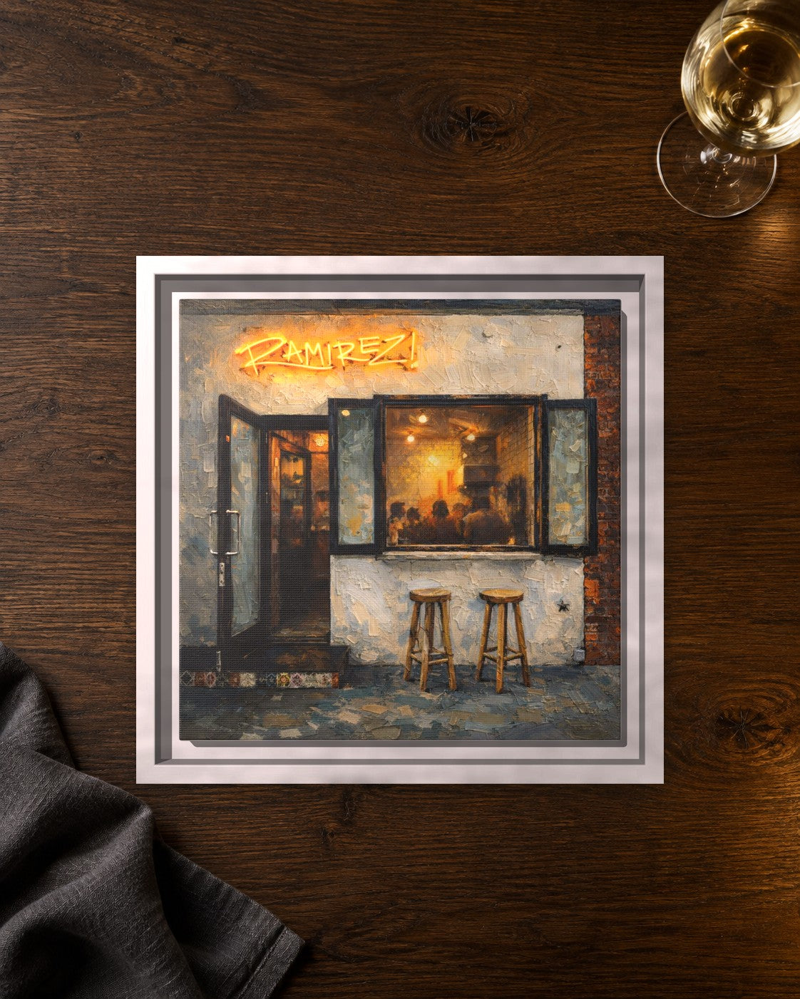 Taqueria Ramirez framed canvas print lying on a table
