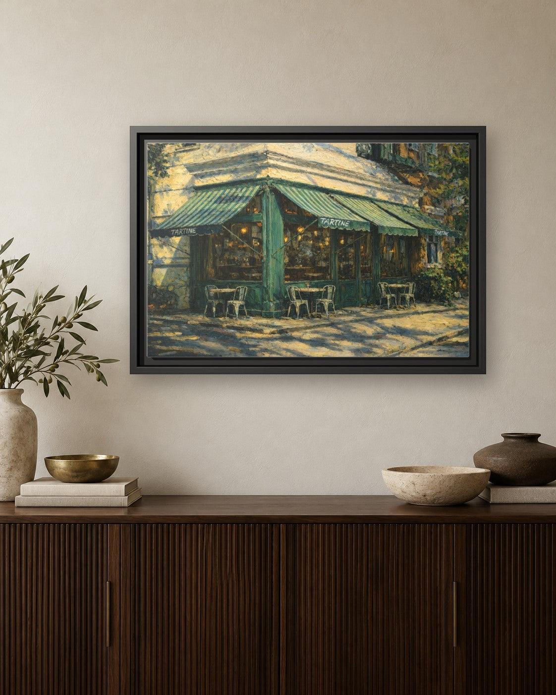 Tartine framed canvas print hanging above a credenza