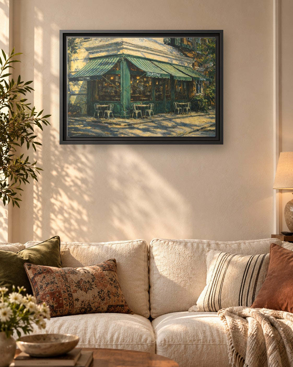 Tartine framed canvas print hanging above a sofa