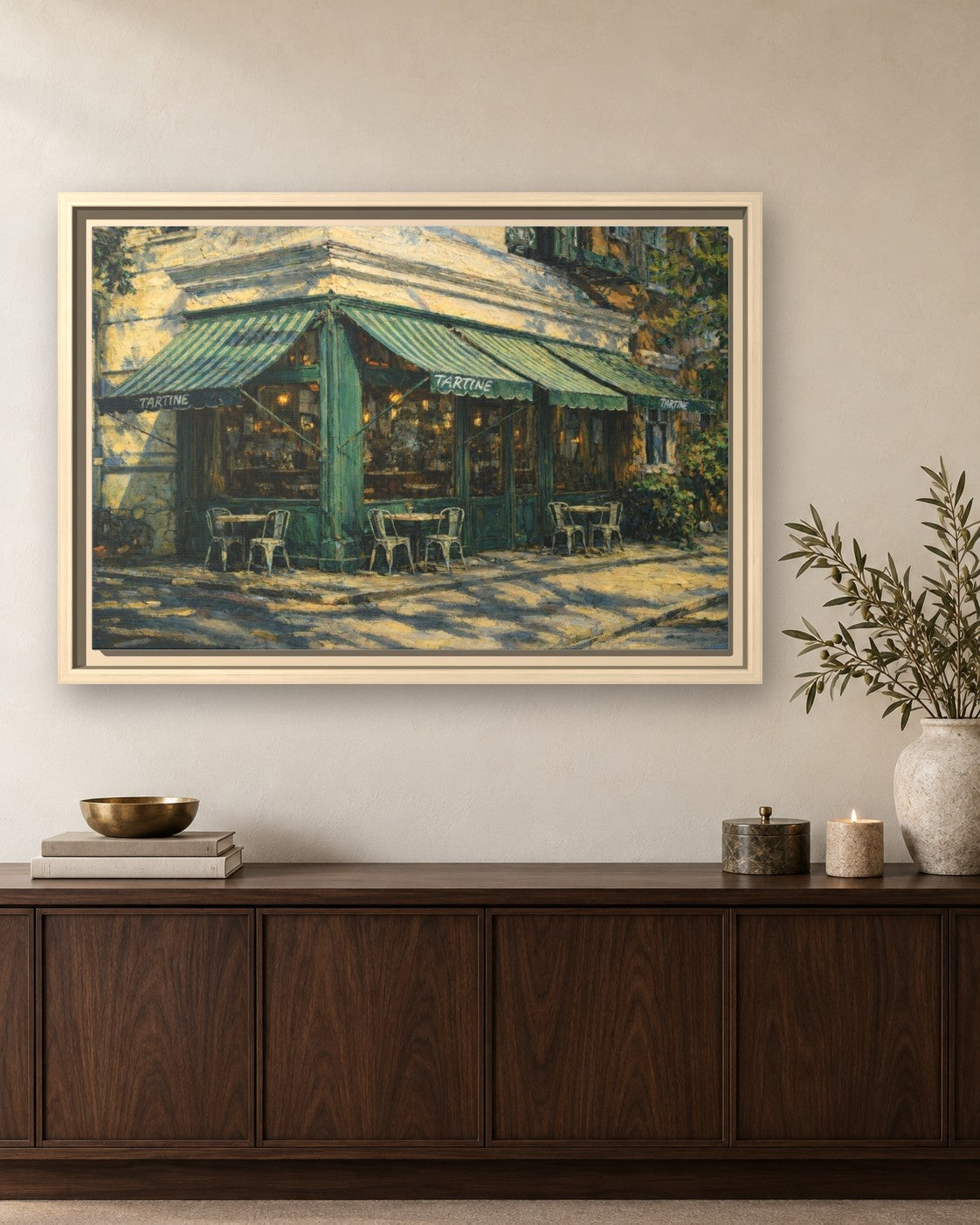 Tartine framed canvas print hanging above a sideboard