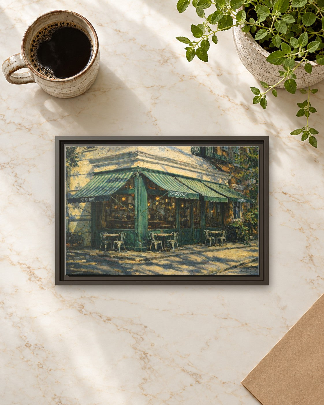Tartine framed canvas print lying on a table