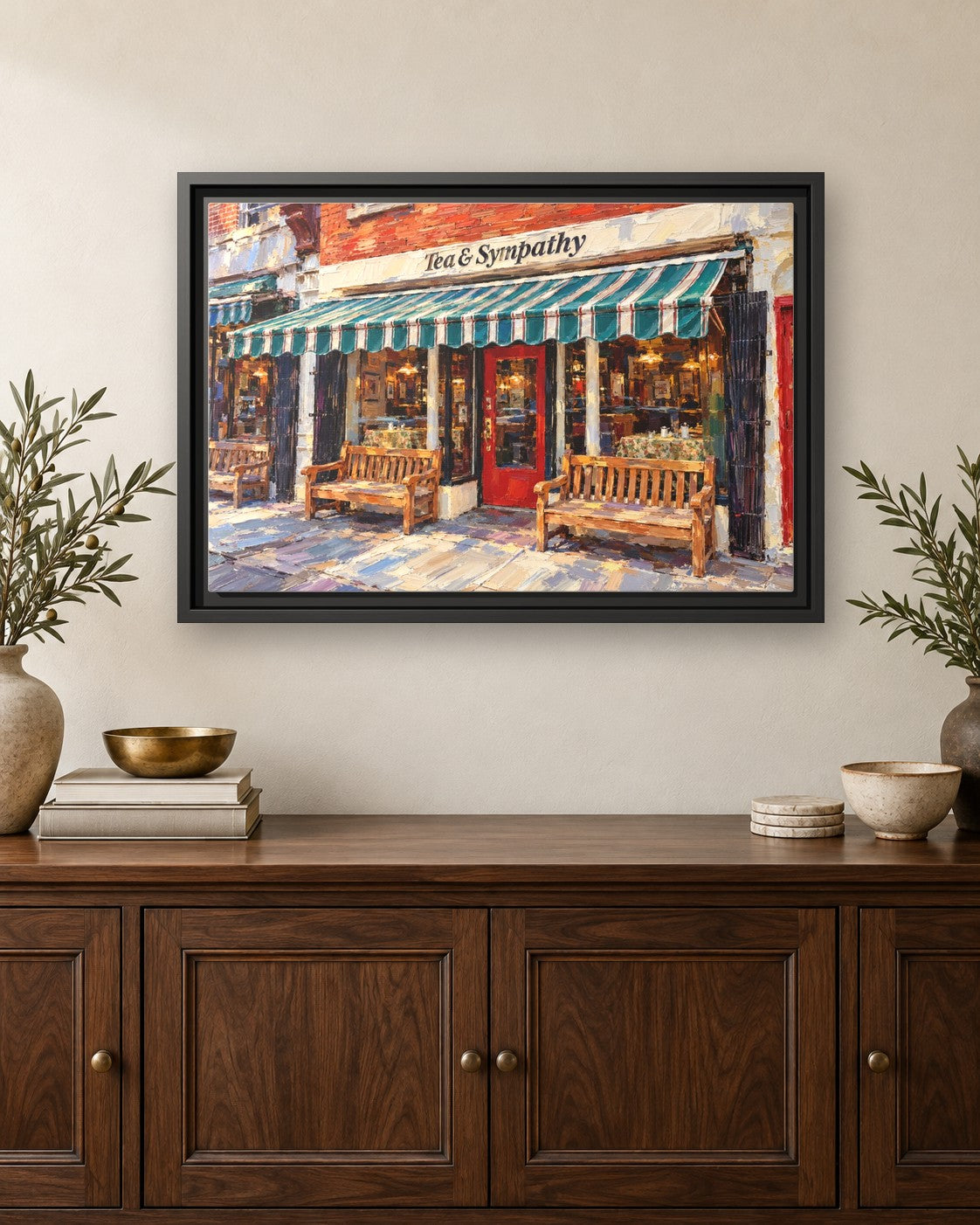 Tea & Sympathy framed canvas print hanging above a credenza