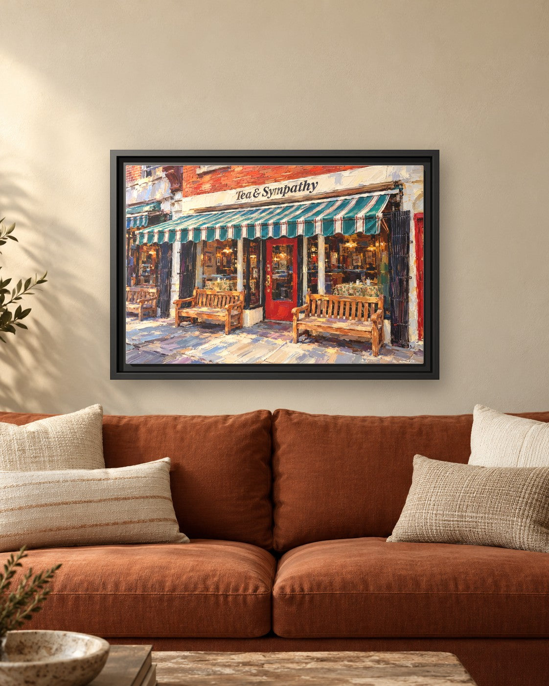Tea & Sympathy framed canvas print hanging above a sofa
