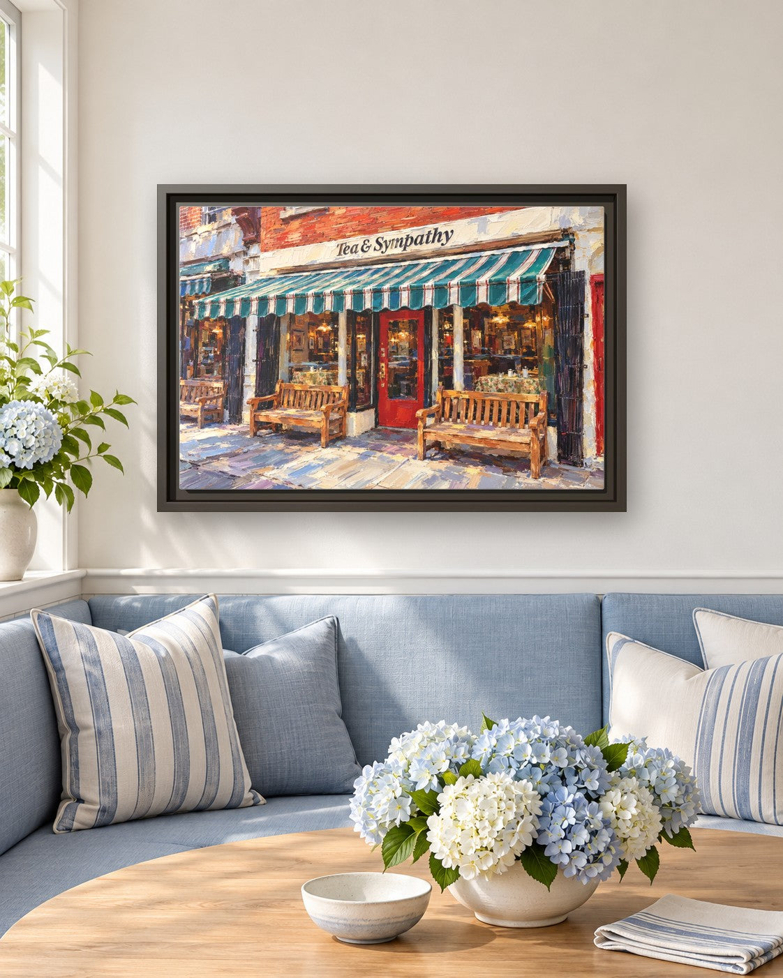 Tea & Sympathy framed canvas print in a breakfast nook