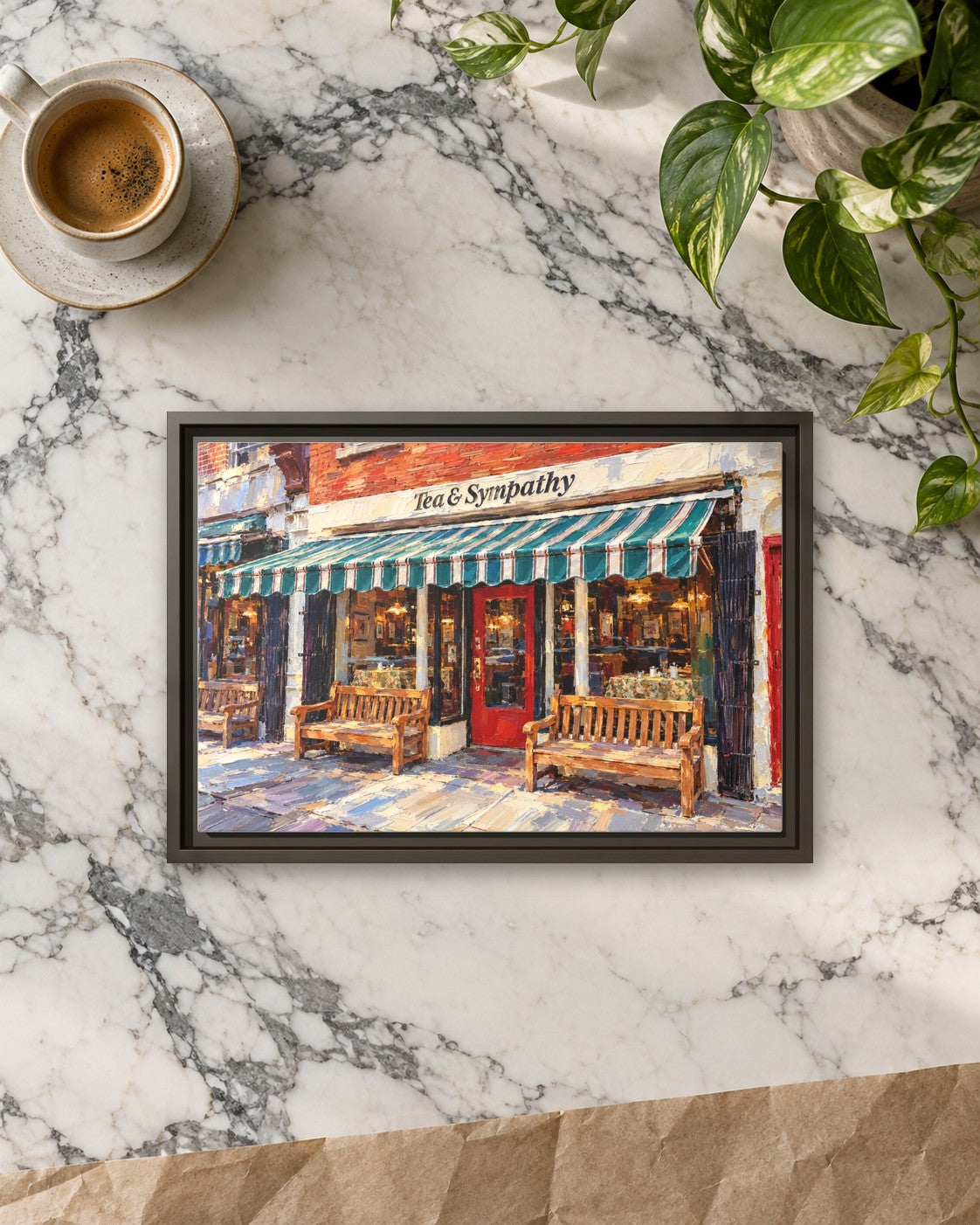 Tea & Sympathy framed canvas print lying on a table