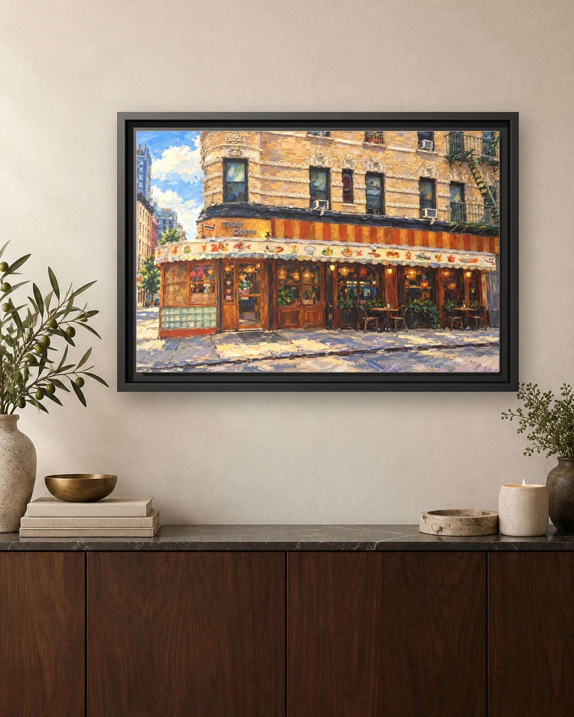 Thai Diner framed canvas print hanging above a credenza