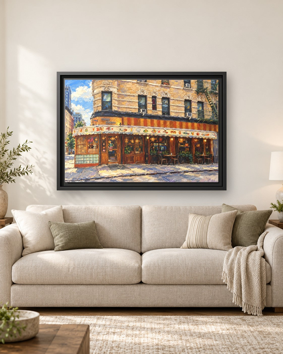 Thai Diner framed canvas print hanging above a sofa
