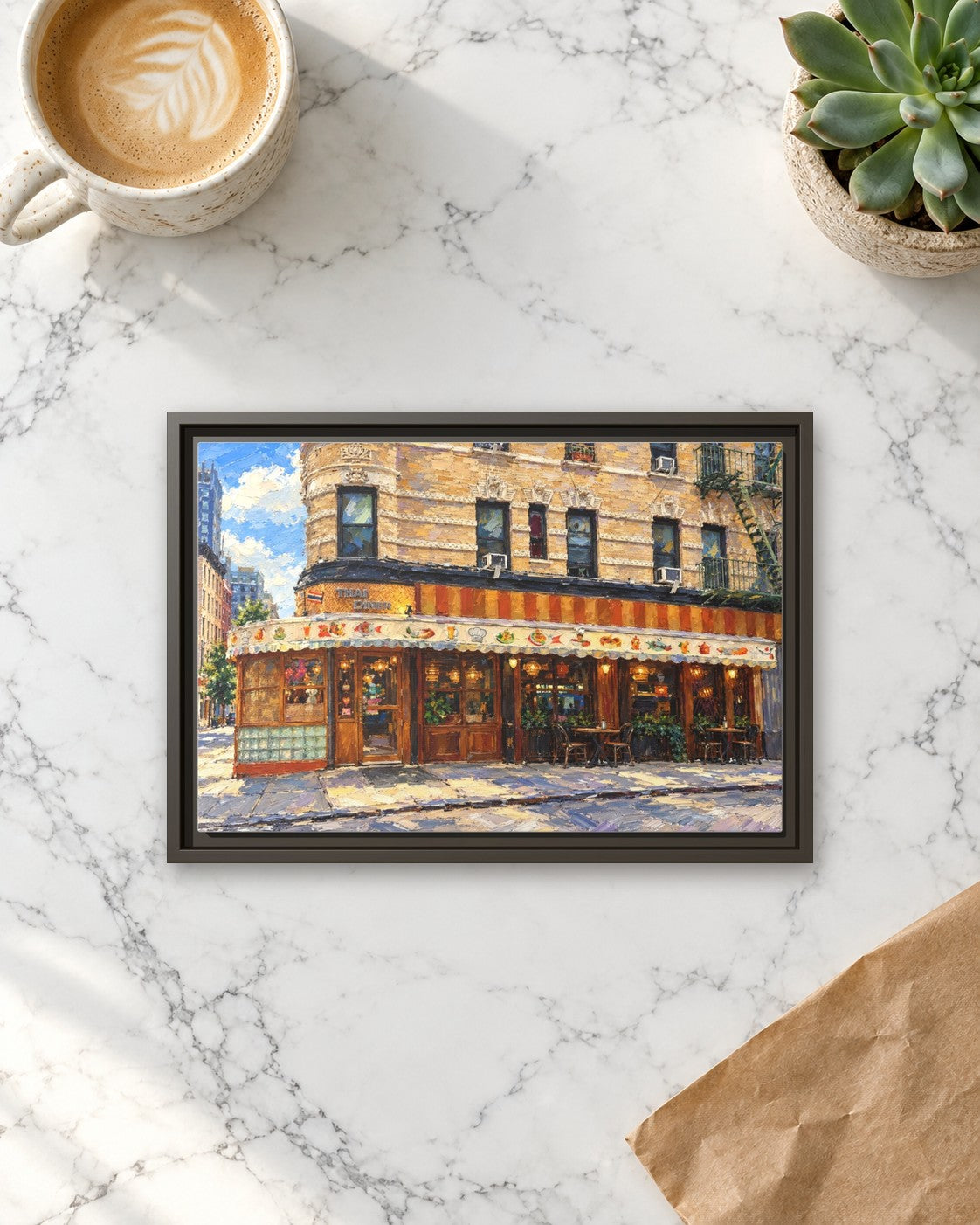 Thai Diner framed canvas print lying on a table