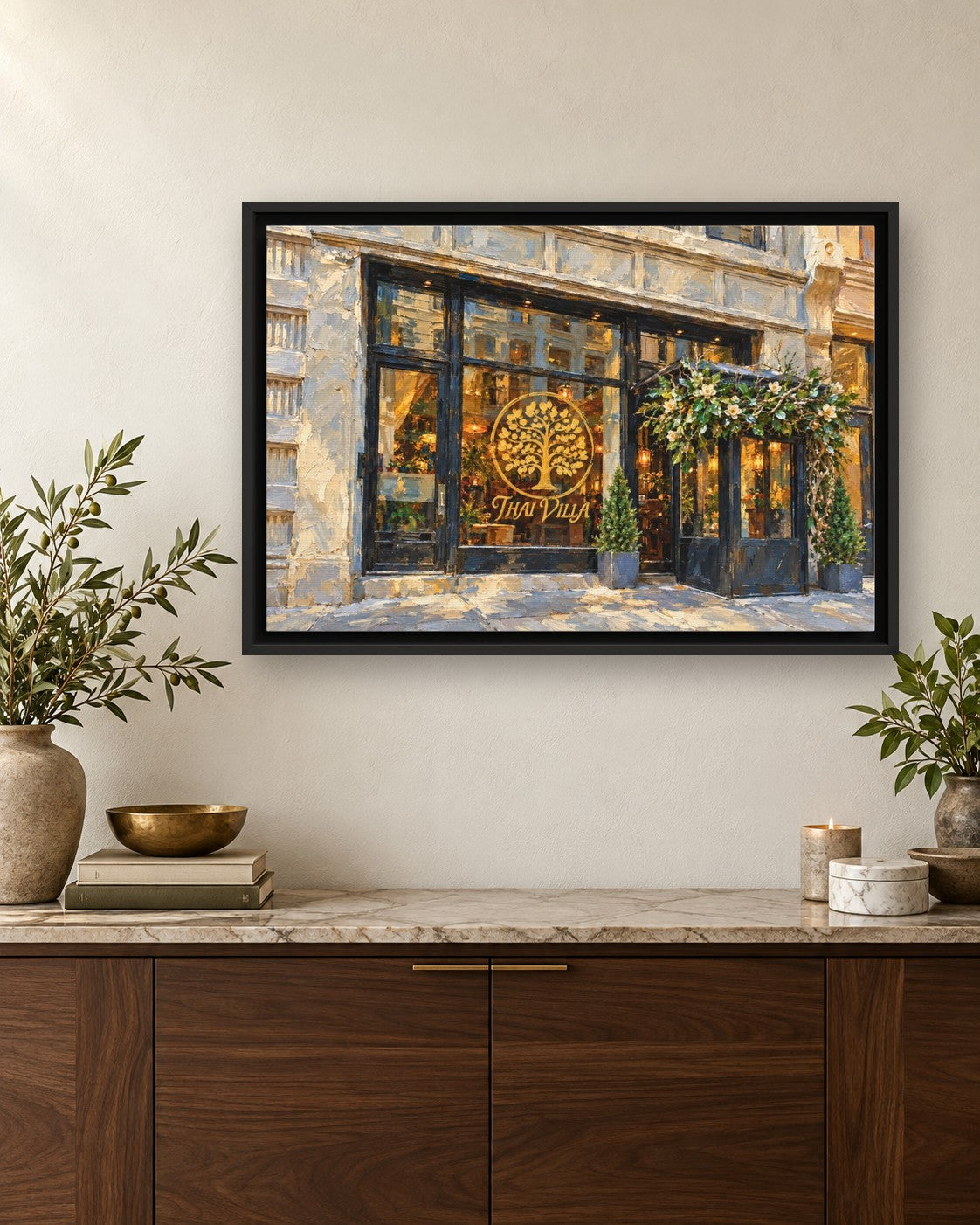 Thai Villa framed canvas print hanging above a credenza