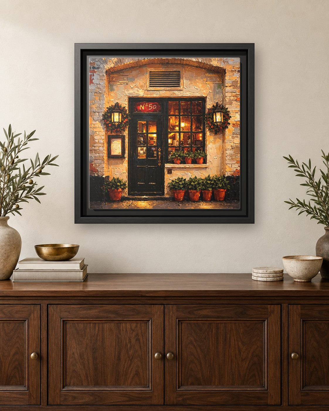 The Commerce Inn framed canvas print hanging above a credenza