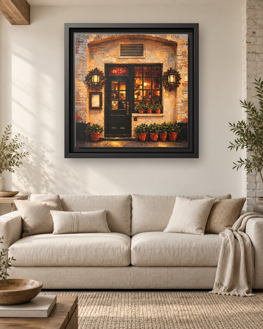 The Commerce Inn framed canvas print hanging above a sofa