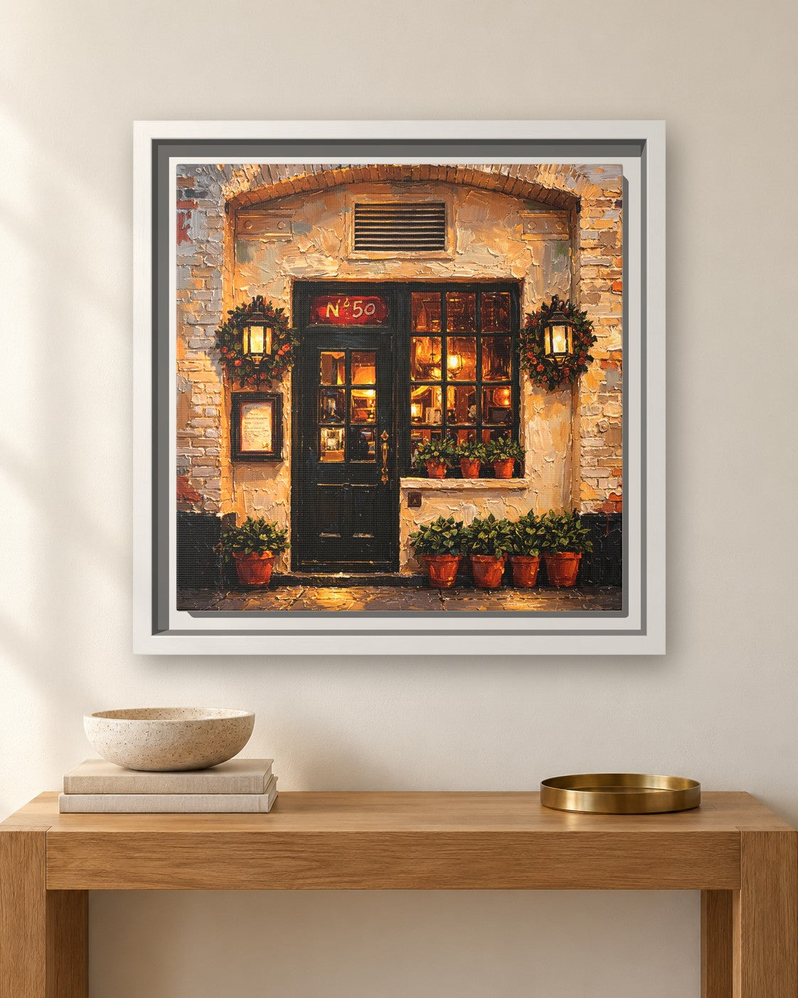 The Commerce Inn framed canvas print hanging above a sideboard