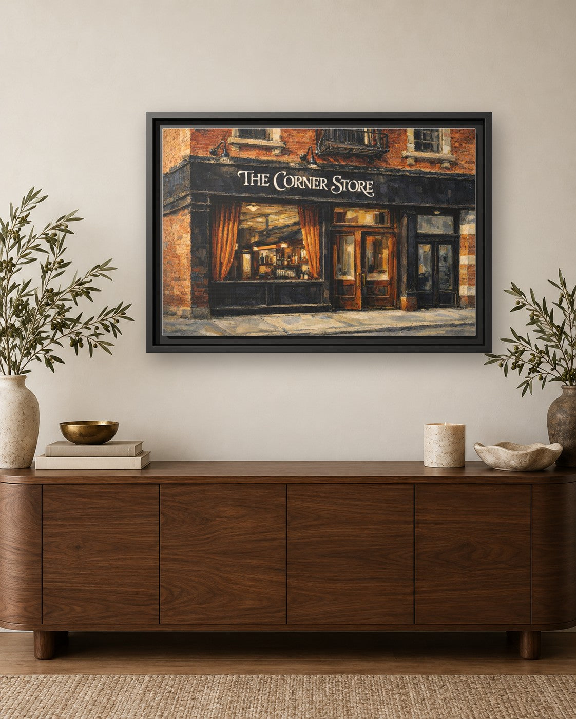 The Corner Store framed canvas print hanging above a credenza