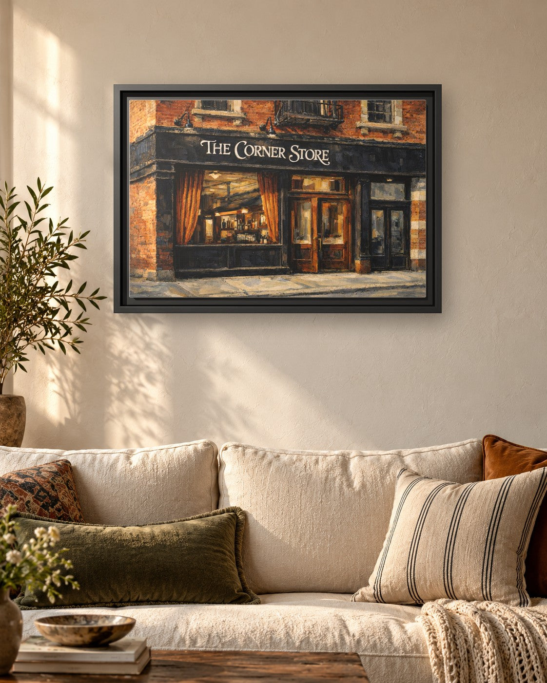The Corner Store framed canvas print hanging above a sofa
