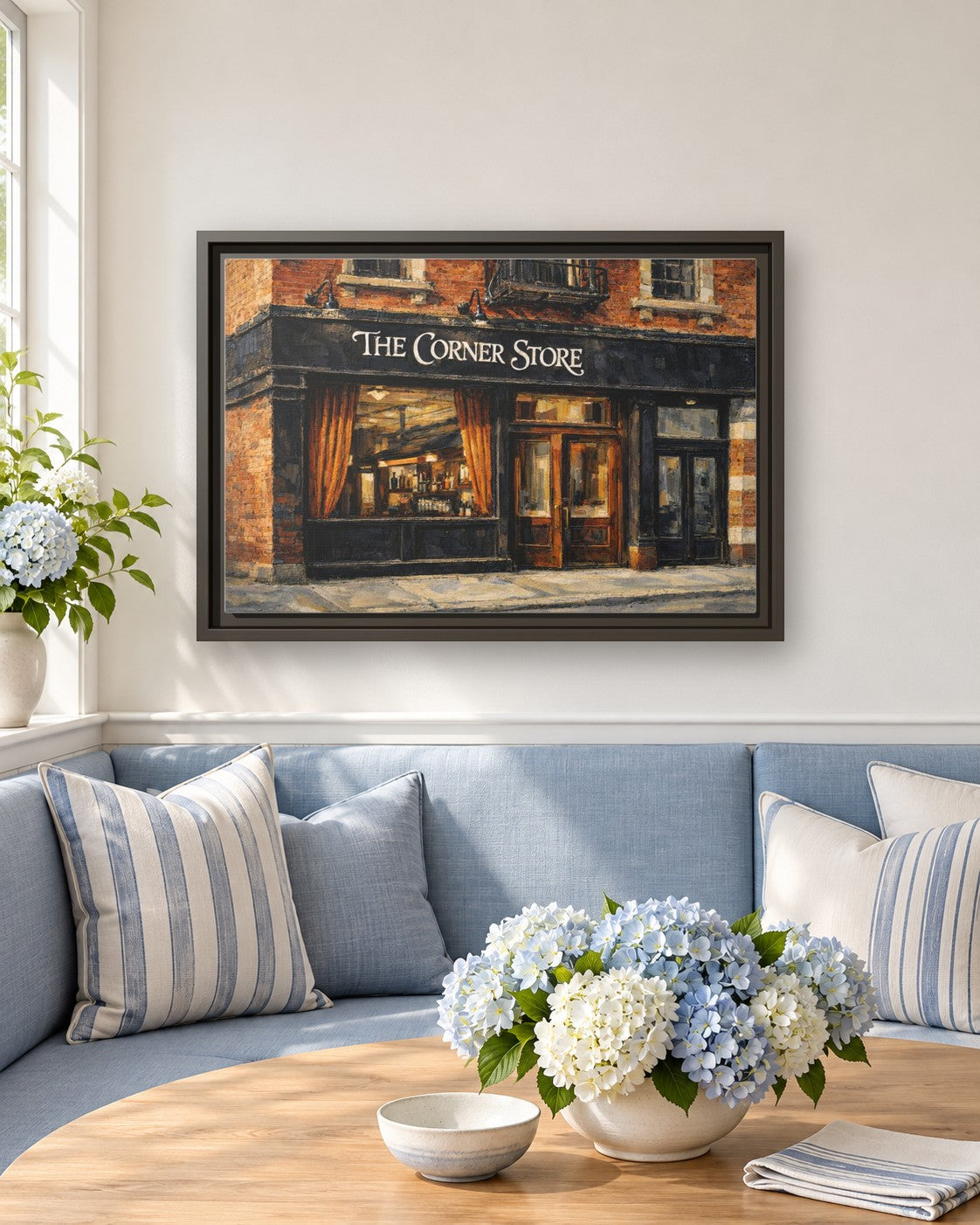 The Corner Store framed canvas print in a breakfast nook