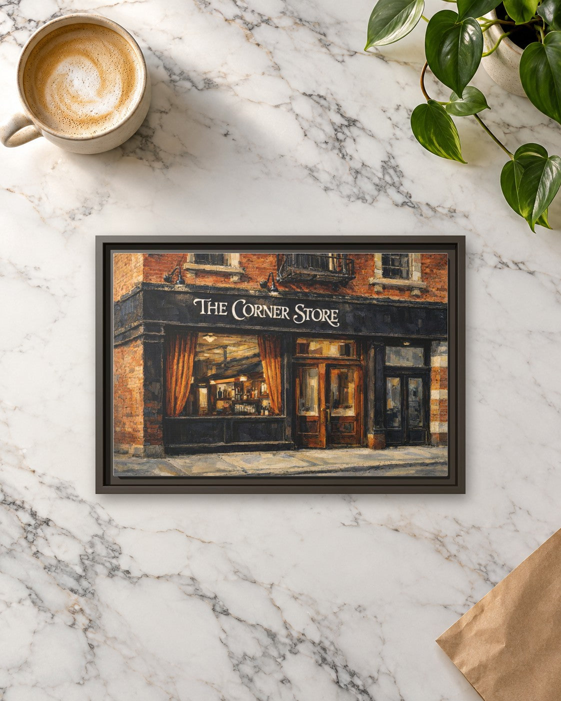 The Corner Store framed canvas print lying on a table