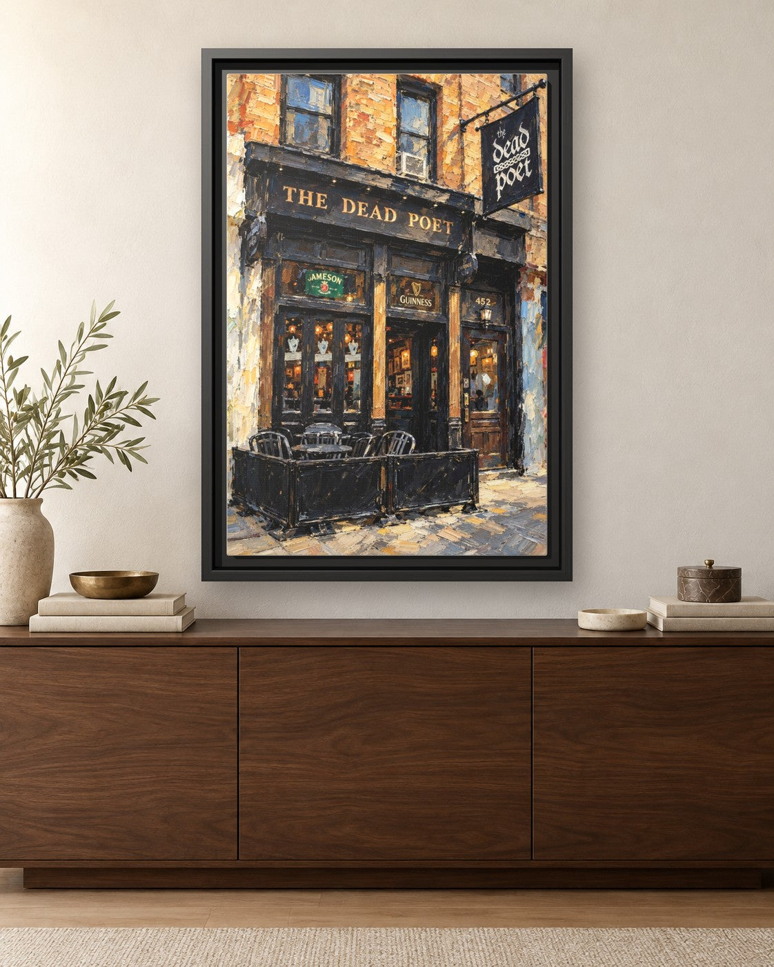 The Dead Poet framed canvas print hanging above a credenza