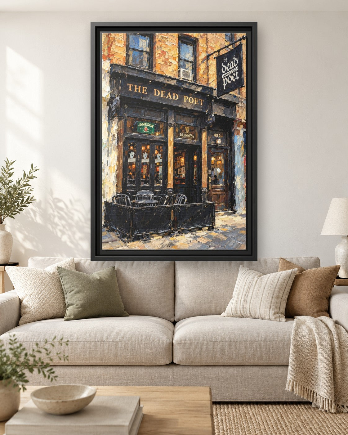 The Dead Poet framed canvas print hanging above a sofa