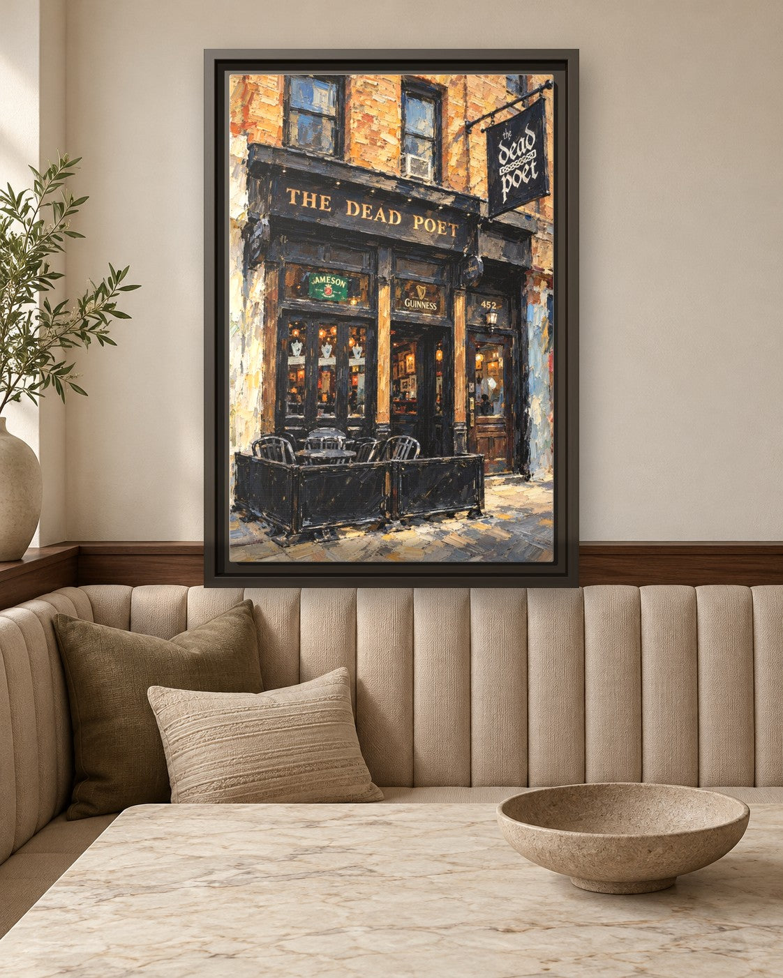 The Dead Poet framed canvas print in a breakfast nook