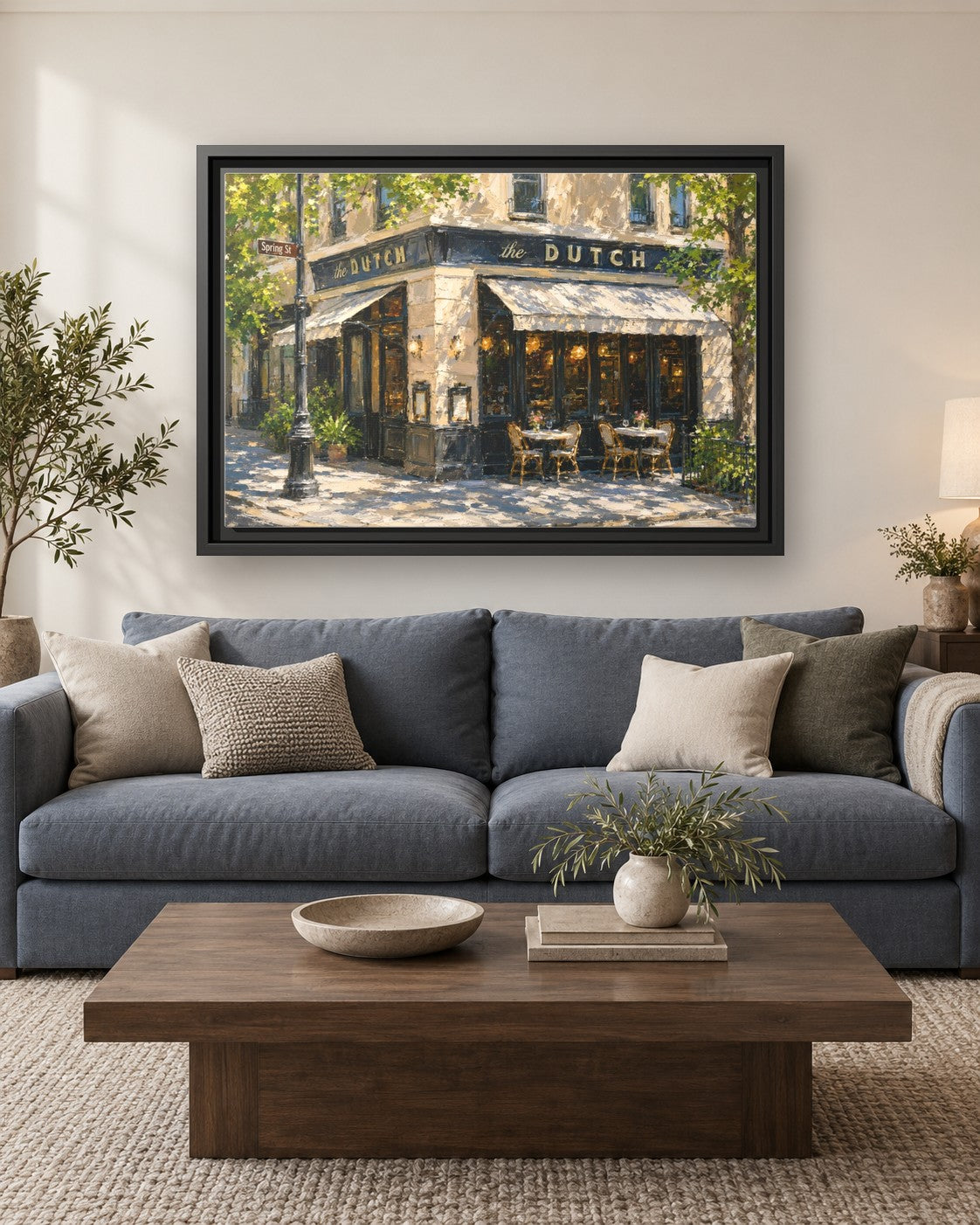 The Dutch framed canvas print hanging above a sofa