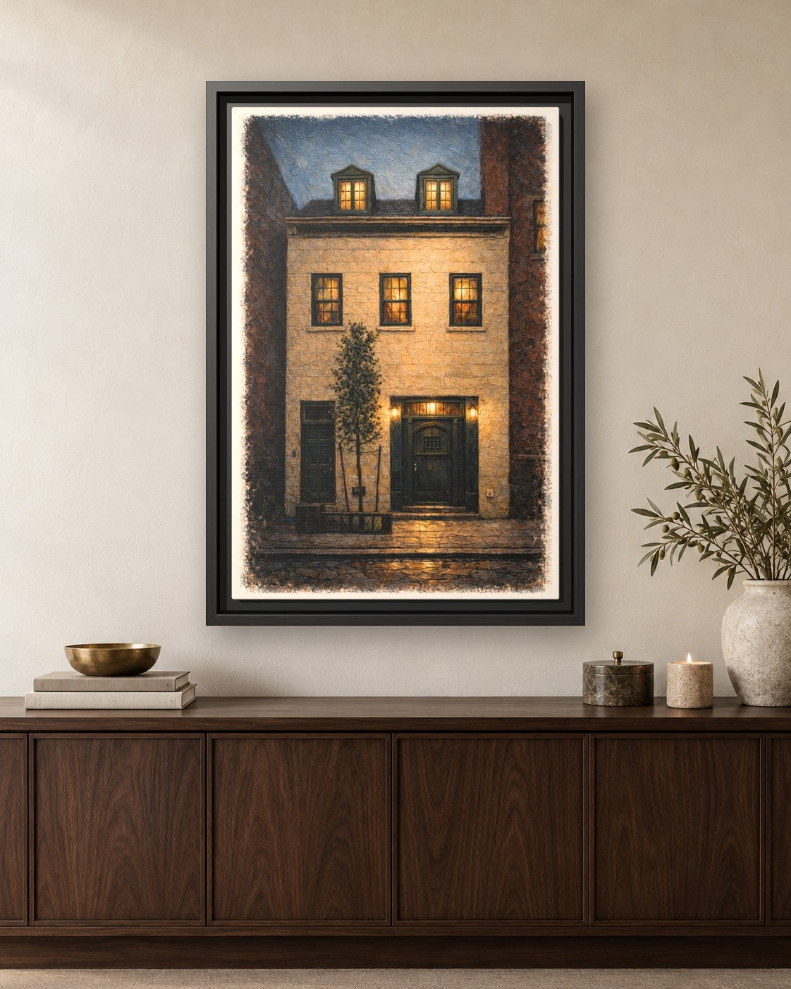 The Eighty Six framed canvas print hanging above a credenza