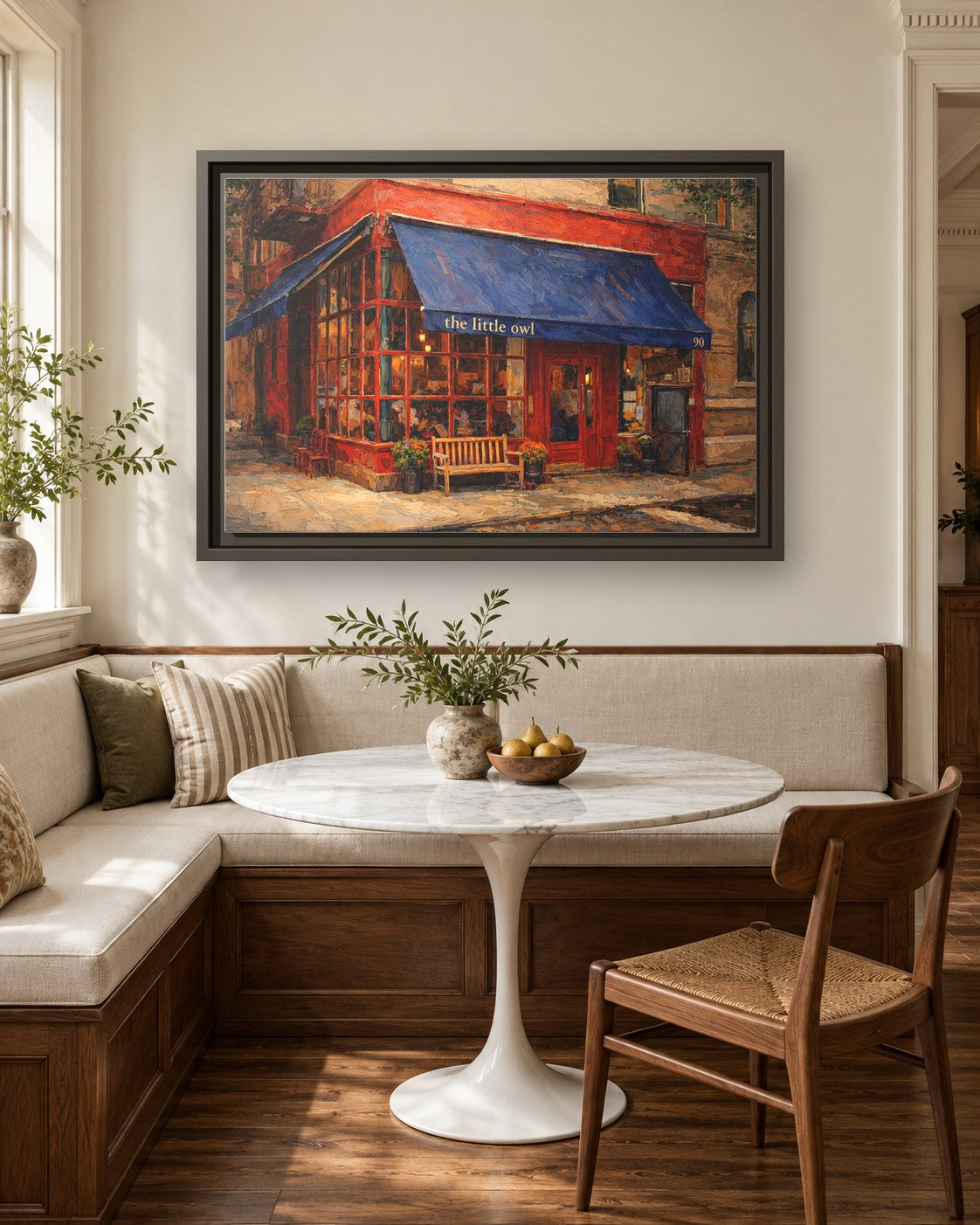 The Little Owl framed canvas print in a breakfast nook