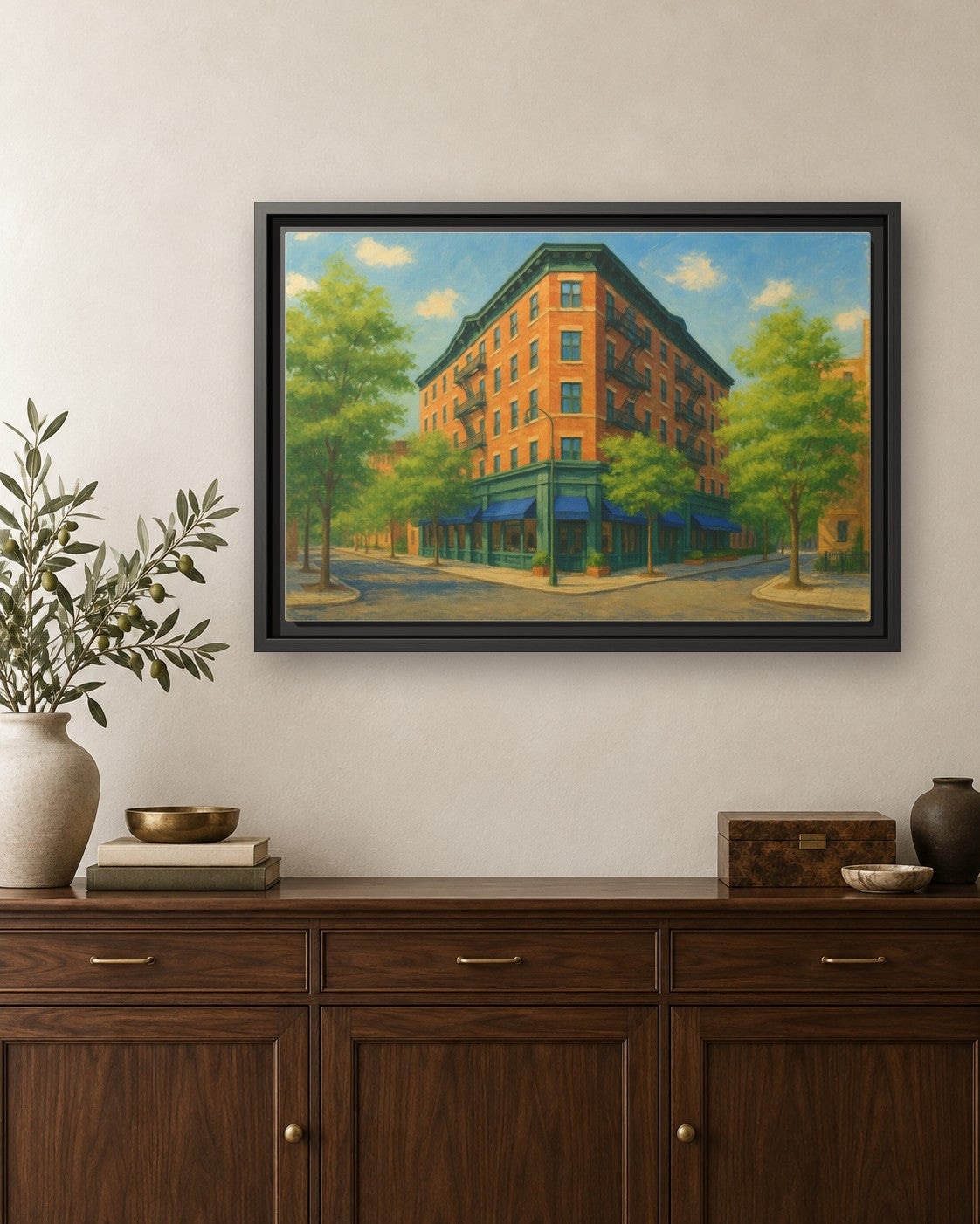The Mary Lane framed canvas print hanging above a credenza