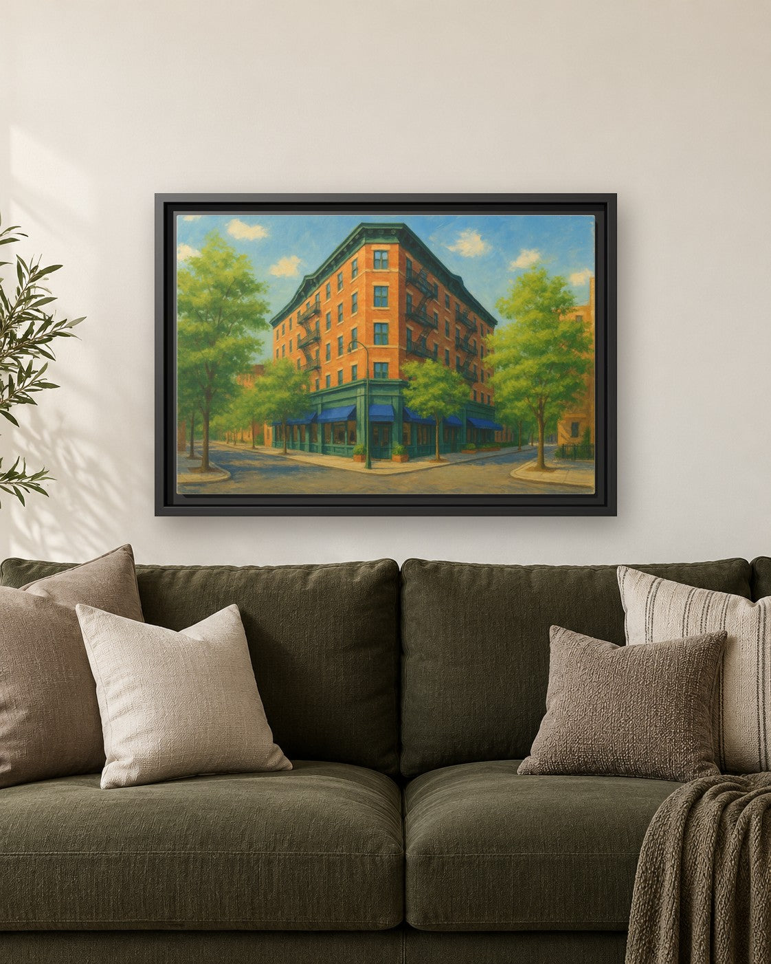 The Mary Lane framed canvas print hanging above a sofa