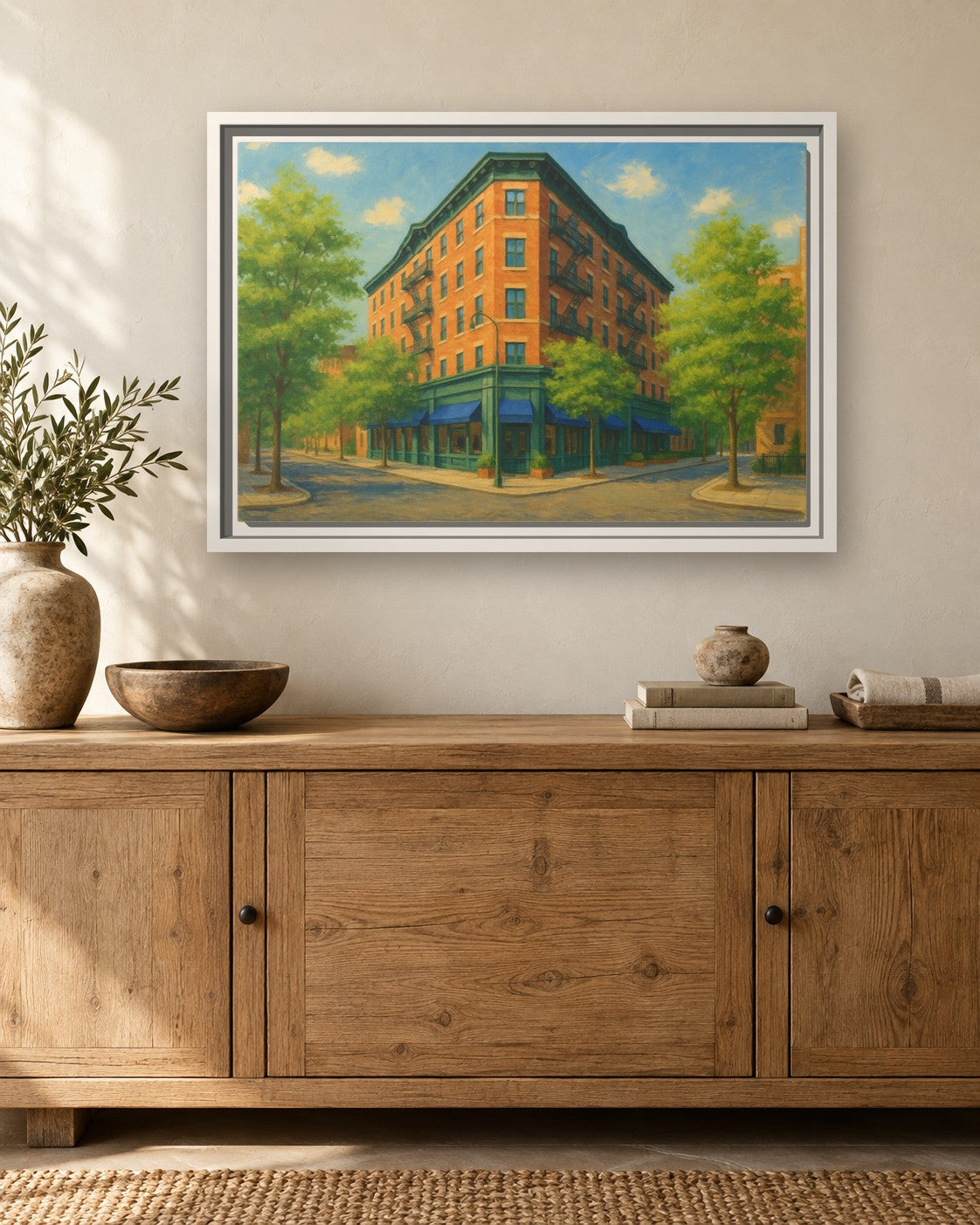 The Mary Lane framed canvas print hanging above a sideboard