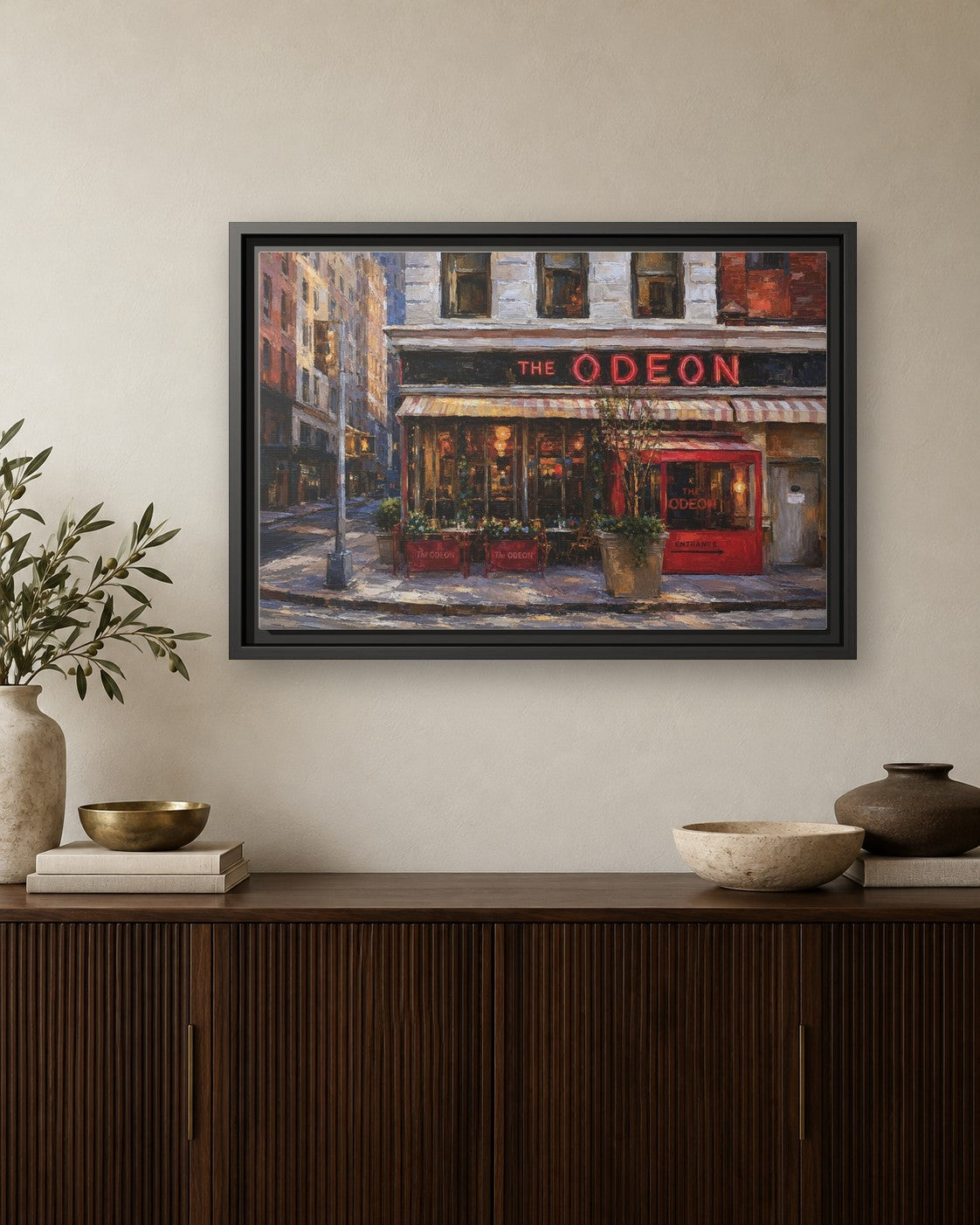 The Odeon framed canvas print hanging above a credenza