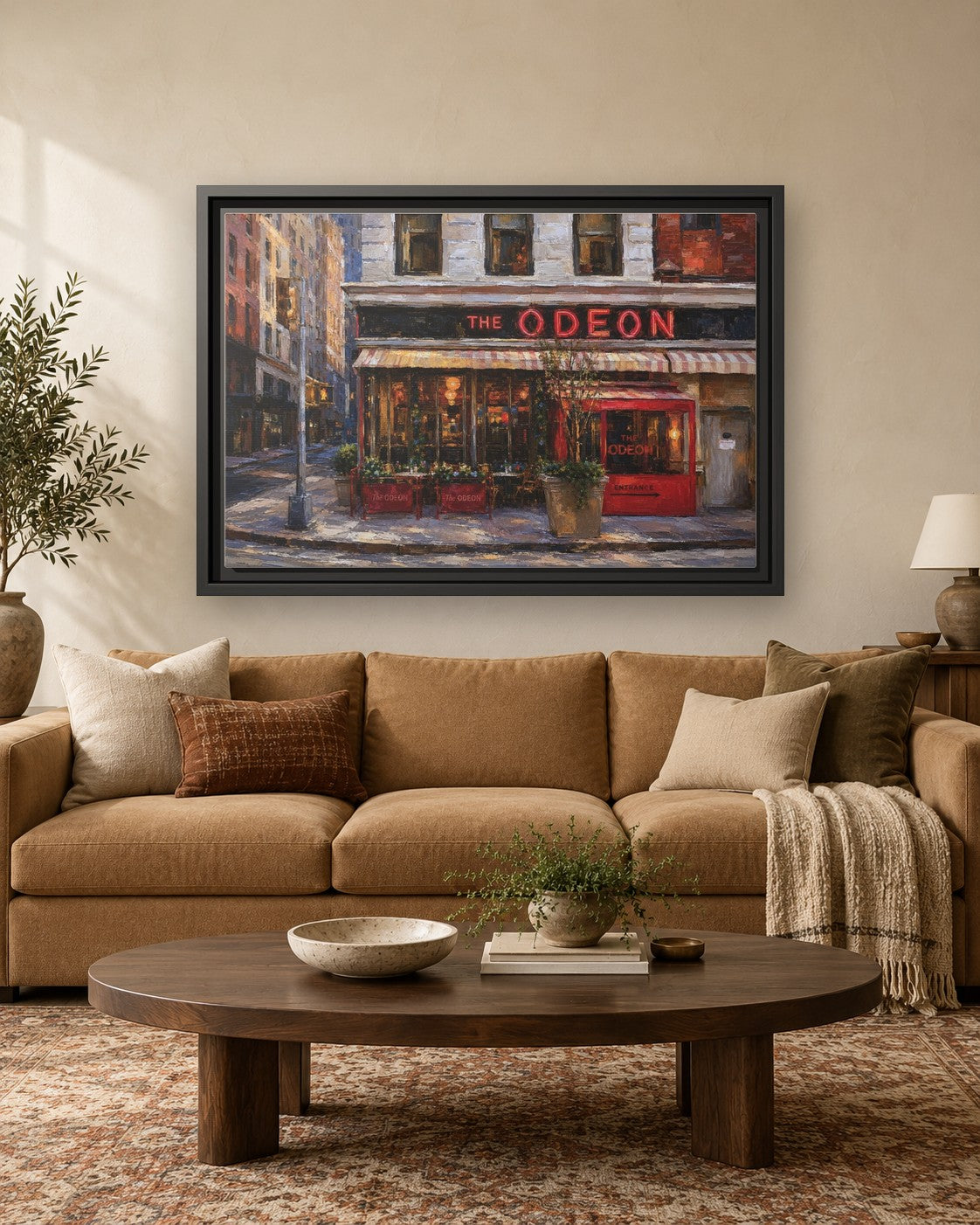 The Odeon framed canvas print hanging above a sofa