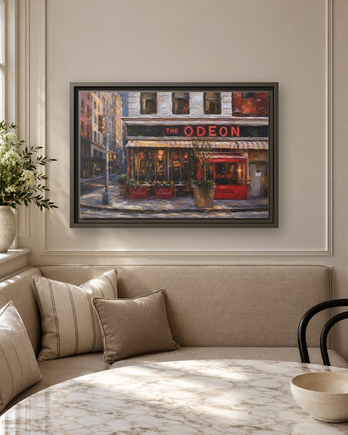 The Odeon framed canvas print in a breakfast nook