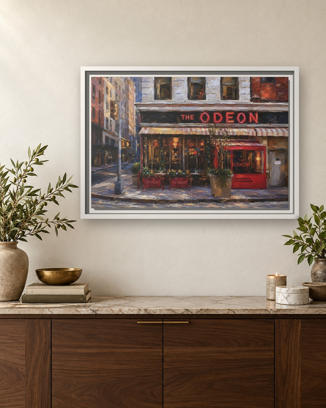 The Odeon framed canvas print hanging above a sideboard