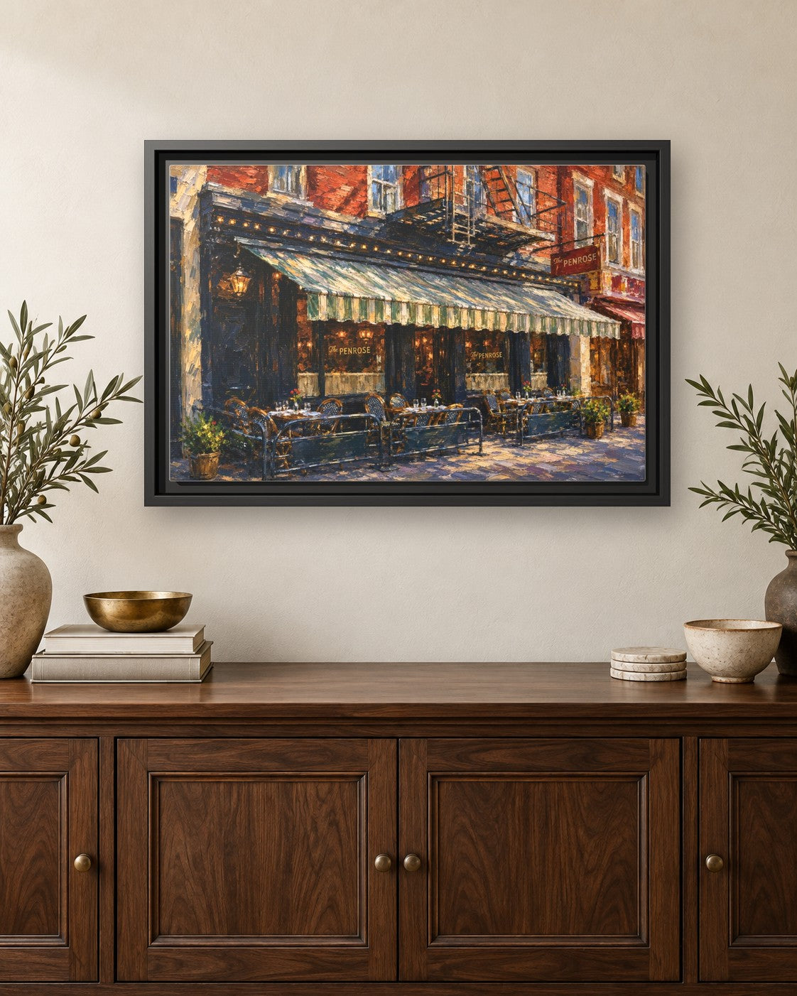 The Penrose framed canvas print hanging above a credenza