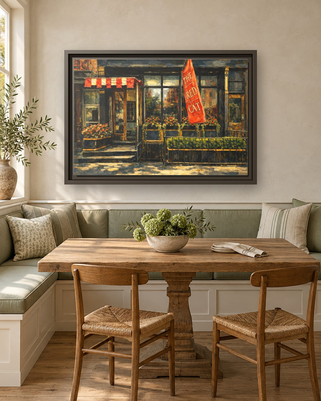 The Red Cat framed canvas print in a breakfast nook