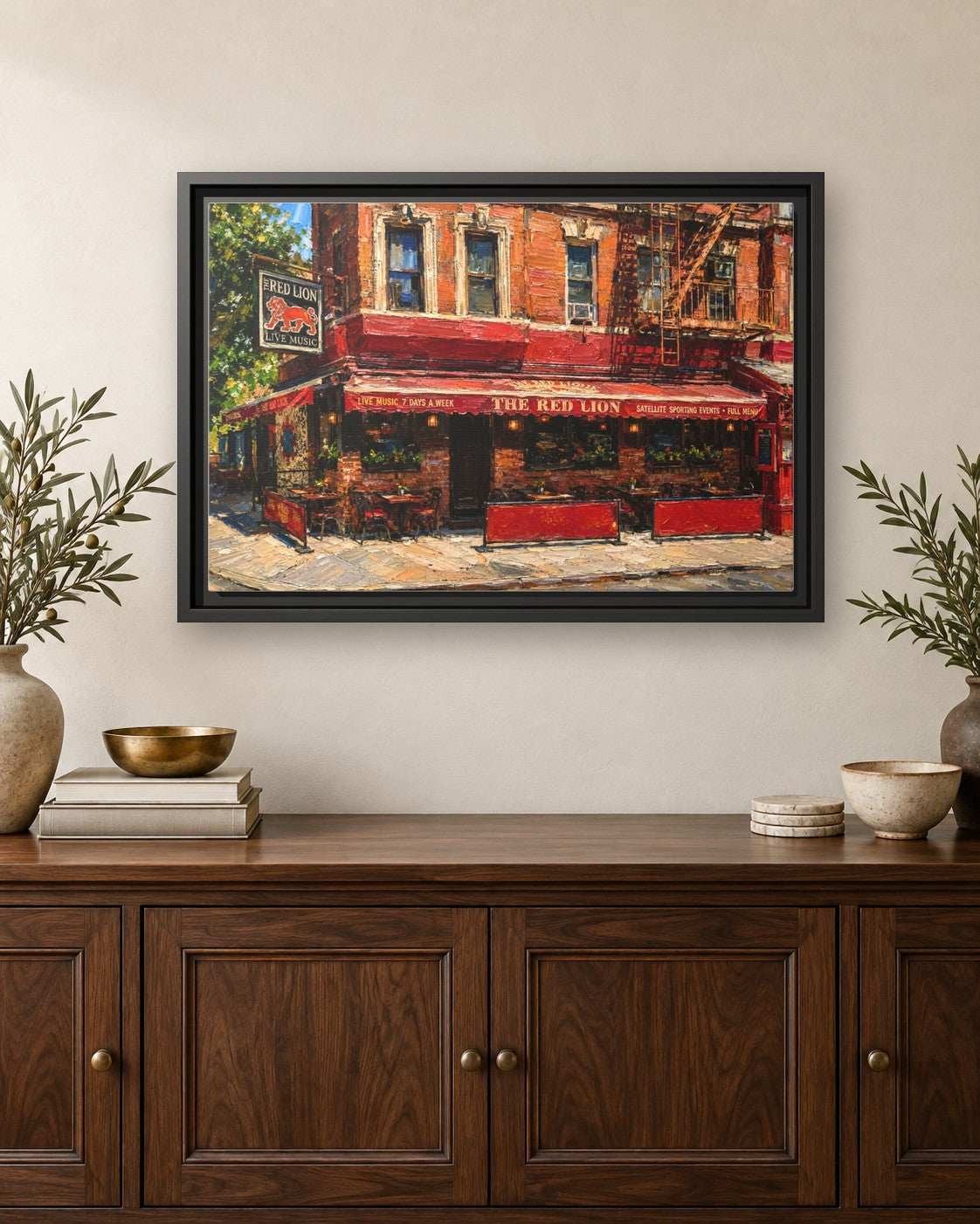 The Red Lion framed canvas print hanging above a credenza
