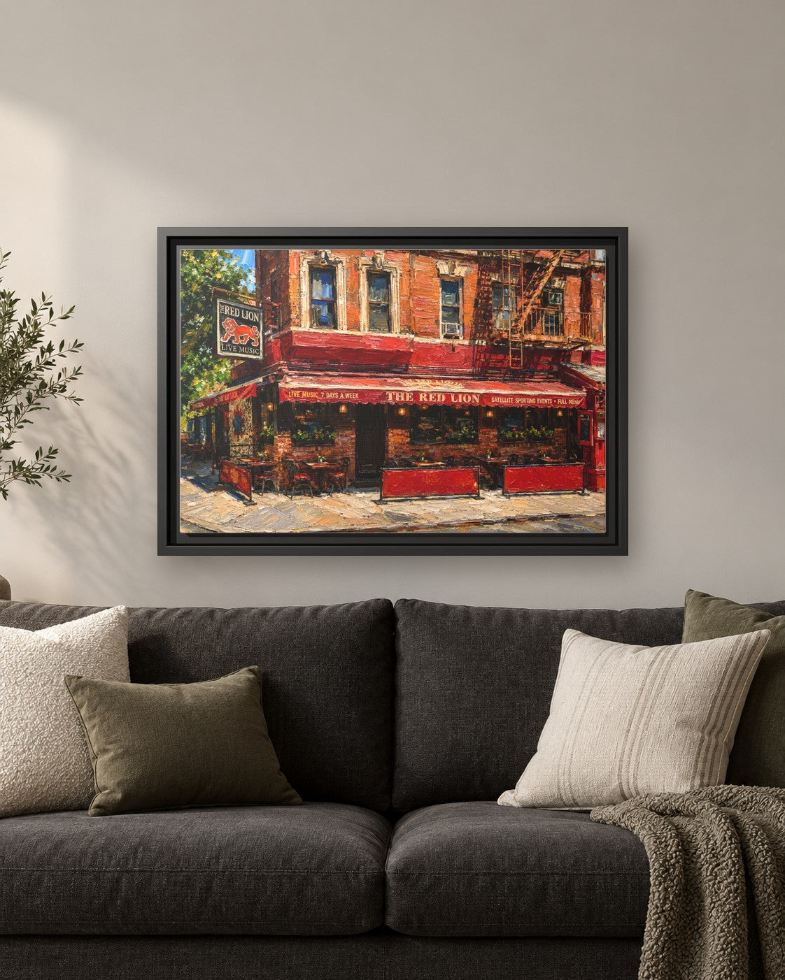 The Red Lion framed canvas print hanging above a sofa