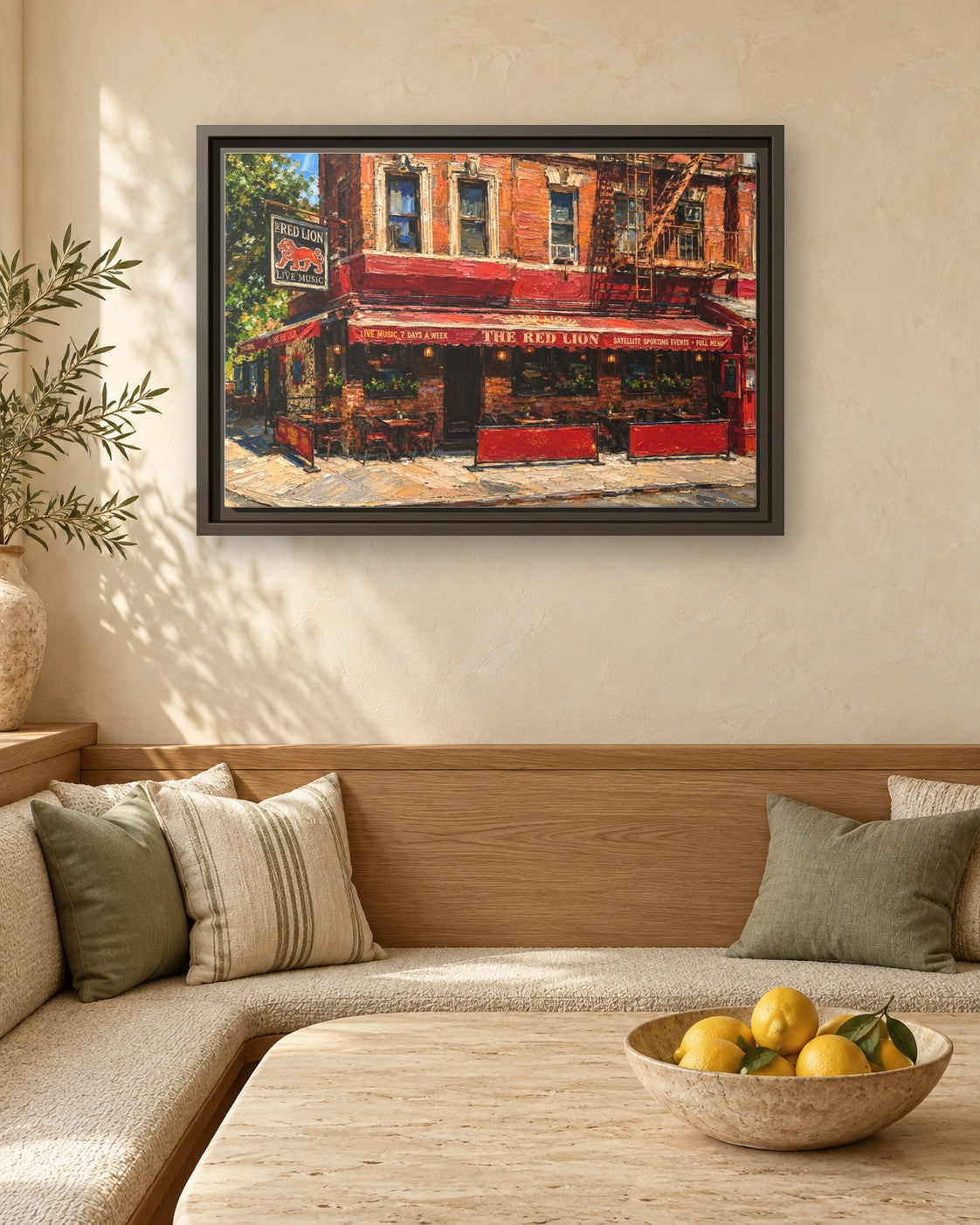 The Red Lion framed canvas print in a breakfast nook