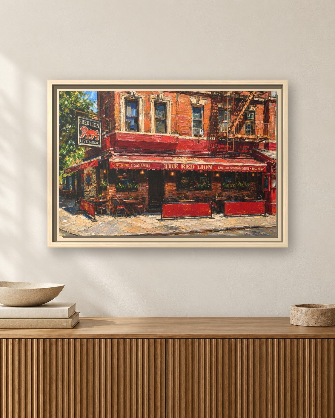 The Red Lion framed canvas print hanging above a sideboard