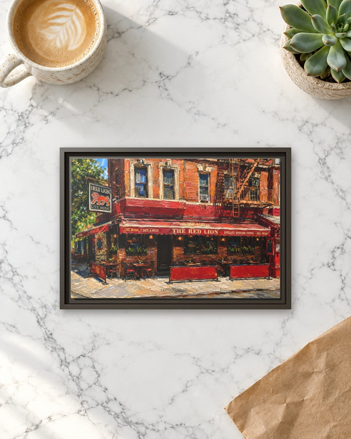 The Red Lion framed canvas print lying on a table