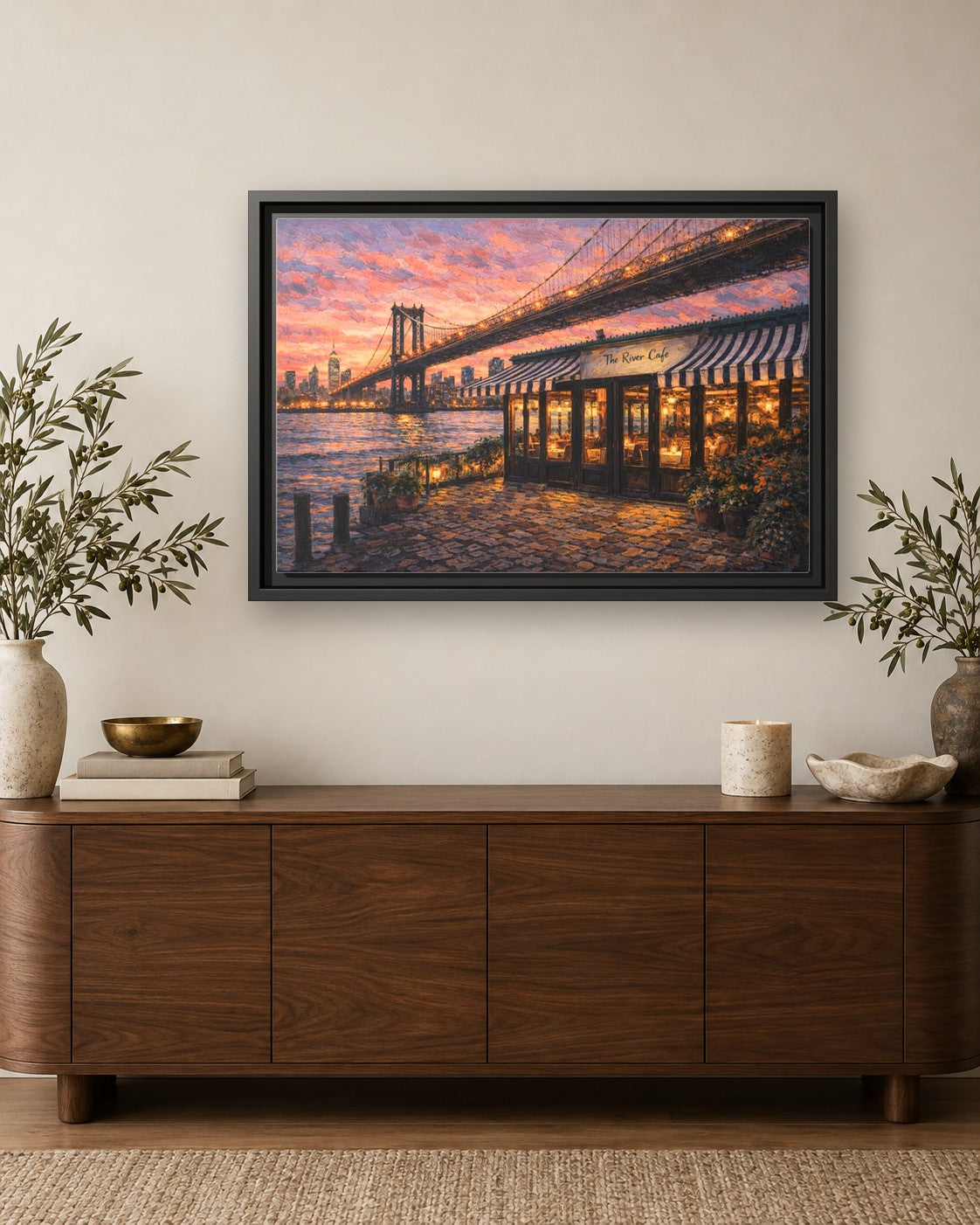 The River Cafe framed canvas print hanging above a credenza