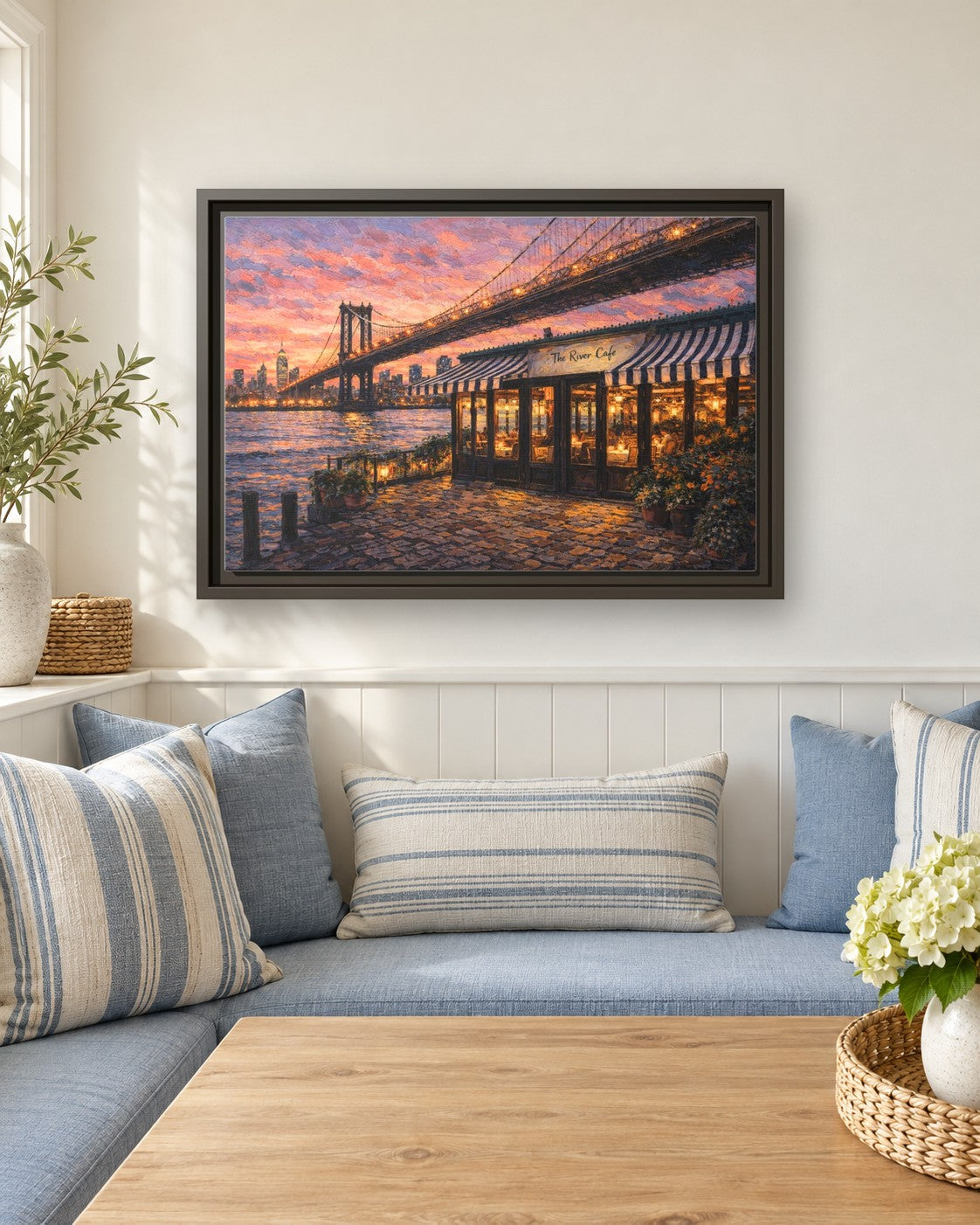 The River Cafe framed canvas print in a breakfast nook