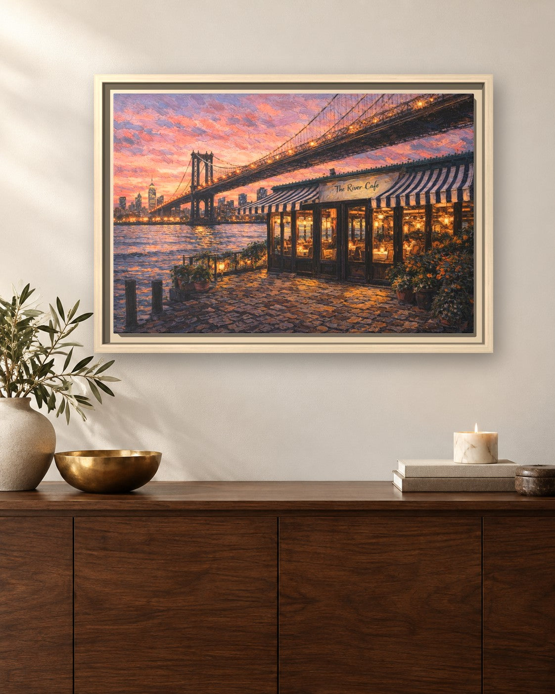 The River Cafe framed canvas print hanging above a sideboard