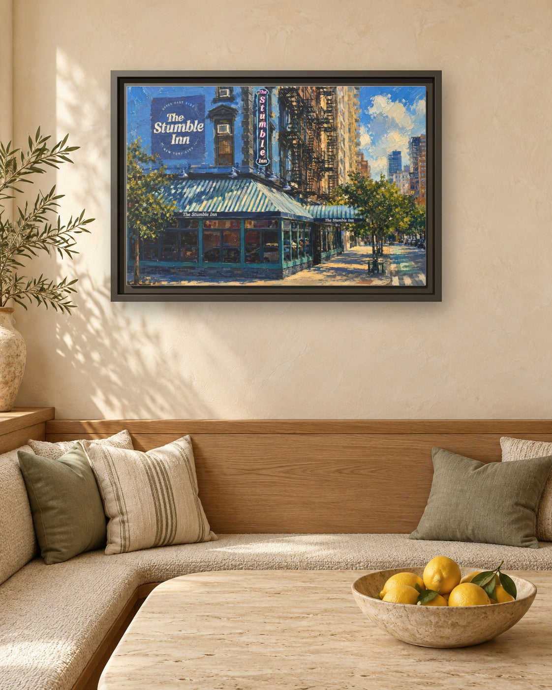 The Stumble Inn framed canvas print in a breakfast nook